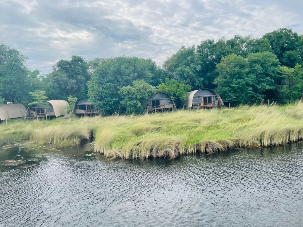 Waterside tents photographed in the Moremi area, April 2023; the precise property is not identified in the source